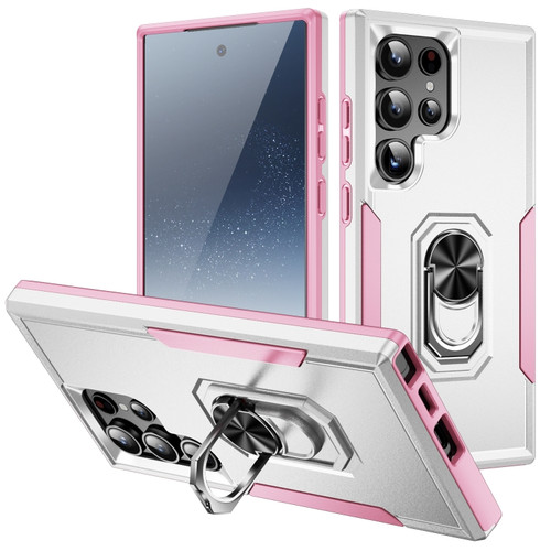 Pioneer Armor Heavy Duty PC + TPU Phone Case with Holder for Samsung Galaxy S24 Ultra 5G - White+Pink