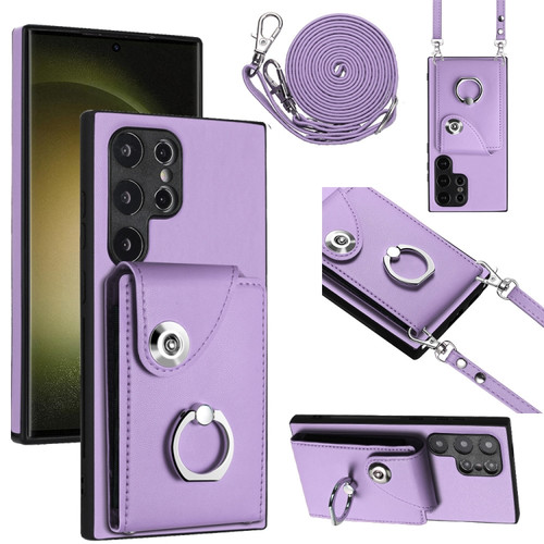 Organ Card Bag Ring Holder Phone Case with Long Lanyard for Samsung Galaxy S24 Ultra 5G - Purple