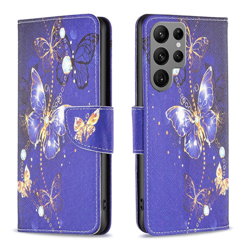 Colored Drawing Pattern Leather Phone Case for Samsung Galaxy S24 Ultra 5G - Purple Butterfly