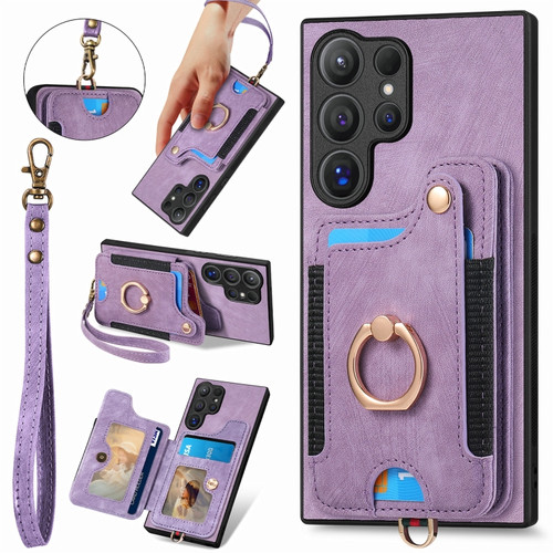 Retro Skin-feel Ring Multi-card Wallet Phone Case for Samsung Galaxy S24 Ultra 5G - Purple