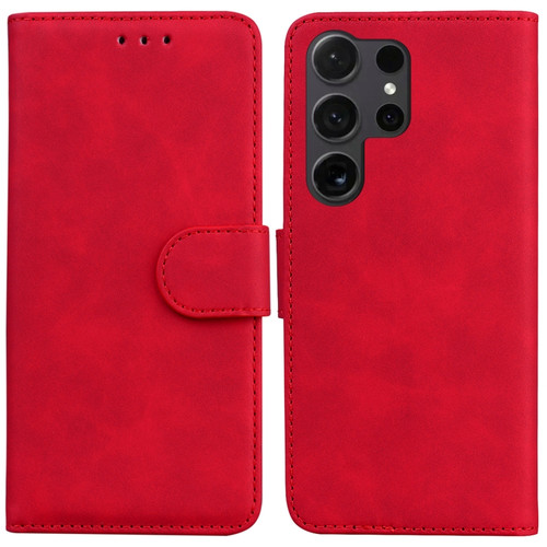 Skin Feel Pure Color Flip Leather Phone Case for Samsung Galaxy S24 Ultra 5G - Red