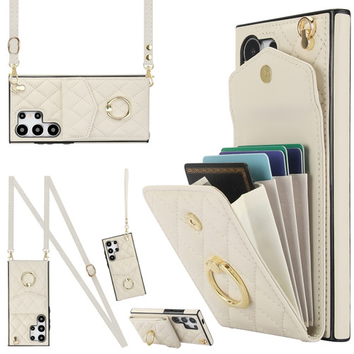 Rhombic Texture Card Bag Phone Case with Long Lanyard for Samsung Galaxy S24 Ultra 5G - White