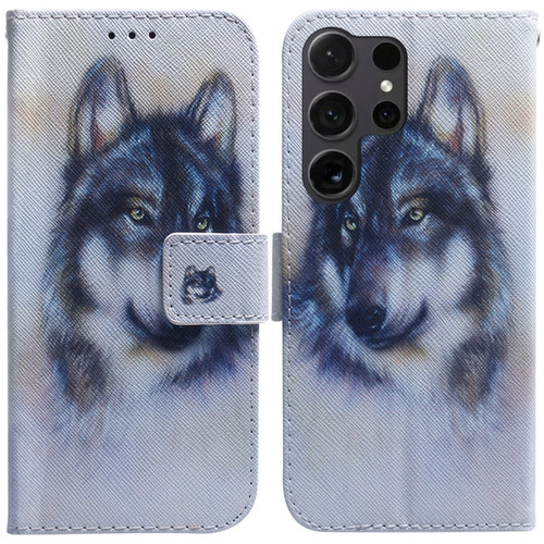 Coloured Drawing Flip Leather Phone Case for Samsung Galaxy S24 Ultra 5G - White Wolf