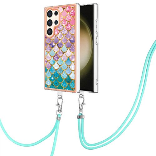 Electroplating Pattern IMD TPU Shockproof Case with Neck Lanyard for Samsung Galaxy S24 Ultra 5G - Colorful Scales