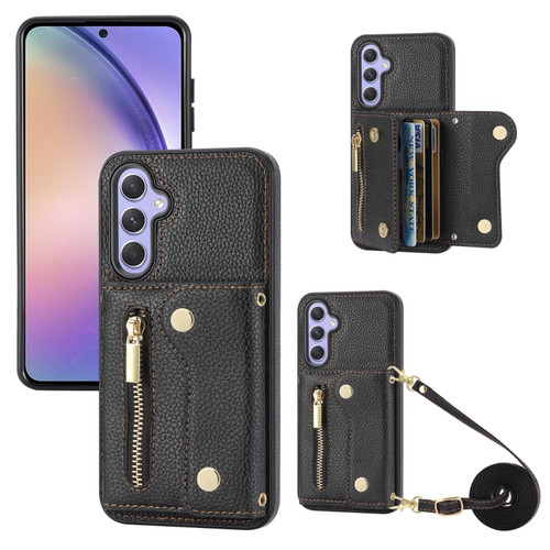 DF-09 Crossbody Litchi texture Card Bag Design PU Phone Case for Samsung Galaxy S24+ 5G - Black