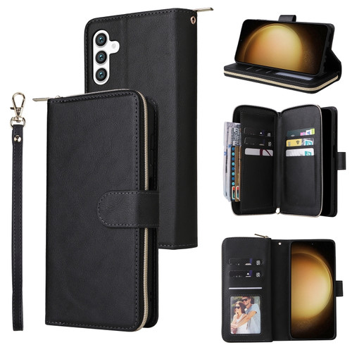 9-Card Slots Zipper Wallet Bag Leather Phone Case for Samsung Galaxy S24+ 5G - Black