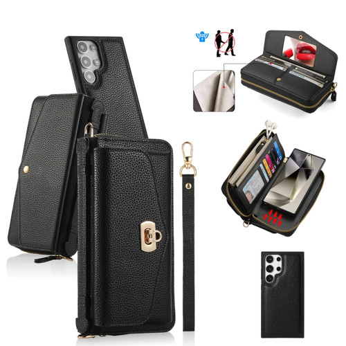 Crossbody Multi-functional Zipper Wallet Litchi Leather Phone Case for Samsung Galaxy S24+ 5G - Black