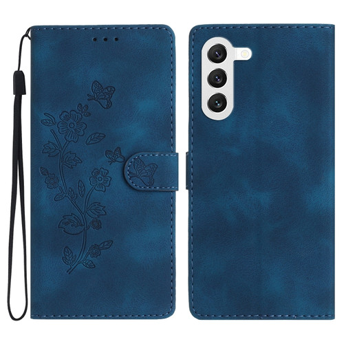 Flower Butterfly Embossing Pattern Leather Phone Case for Samsung Galaxy S24+ 5G - Blue