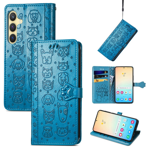 Cat and Dog Embossed Leather Phone Case for Samsung Galaxy S24+ 5G - Blue