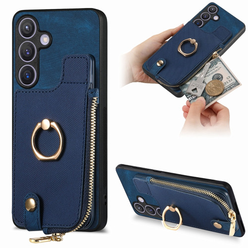 Cross Leather Ring Vertical Zipper Wallet Back Phone Case for Samsung Galaxy S24+ 5G - Blue