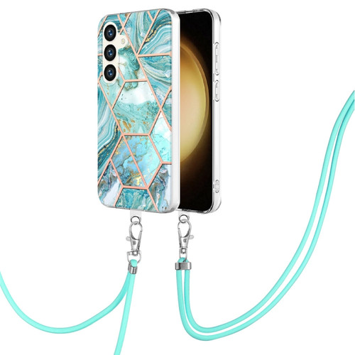 Electroplating IMD Splicing Dual-side Marble TPU Phone Case with Lanyard for Samsung Galaxy S24+ 5G - Blue