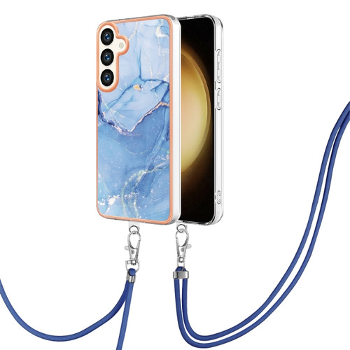 Electroplating Marble Dual-side IMD Phone Case with Lanyard for Samsung Galaxy S24+ 5G - Blue 018