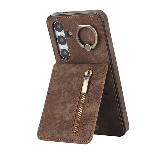 Retro Ring and Zipper RFID Card Slot Phone Case for Samsung Galaxy S24+ 5G - Brown