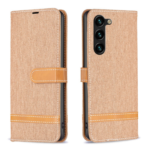 Color Block Denim Texture Leather Phone Case for Samsung Galaxy S24+ 5G - Brown