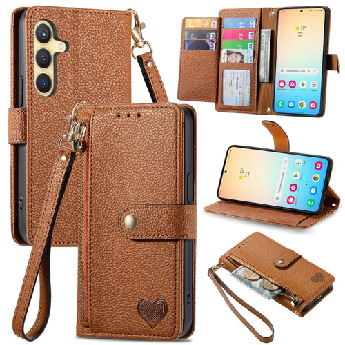 Love Zipper Lanyard Leather Phone Case for Samsung Galaxy S24+ 5G - Brown