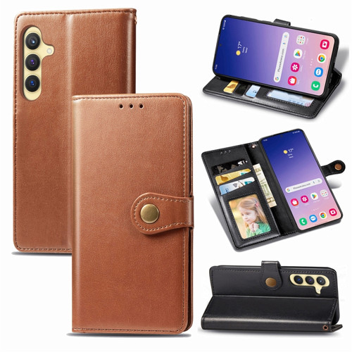 Retro Solid Color Buckle Leather Phone Case for Samsung Galaxy S24+ 5G - Brown