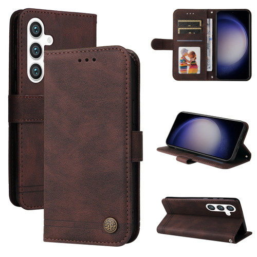 Skin Feel Life Tree Metal Button Leather Phone Case for Samsung Galaxy S24+ 5G - Brown