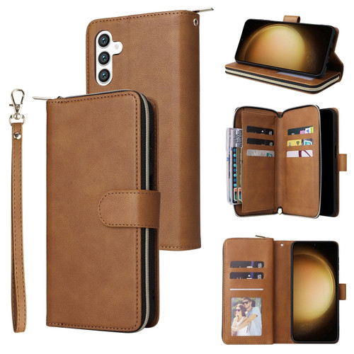 9-Card Slots Zipper Wallet Bag Leather Phone Case for Samsung Galaxy S24+ 5G - Brown