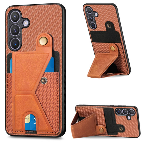 Carbon Fiber Wallet Flip Card K-shaped Holder Phone Case for Samsung Galaxy S24+ 5G - Brown