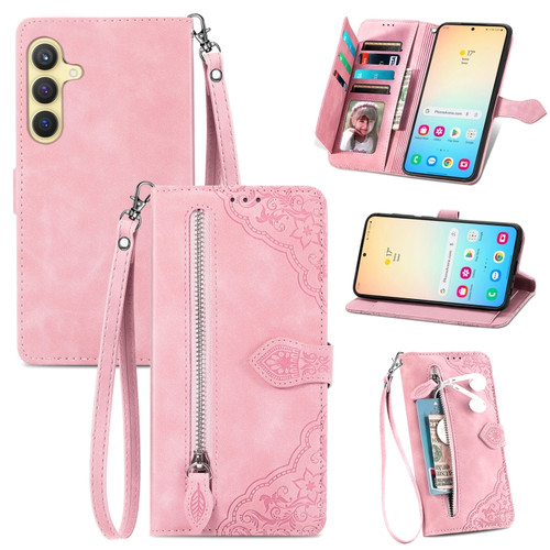 Embossed Flower Zipper Leather Phone Case for Samsung Galaxy S24+ 5G - Pink