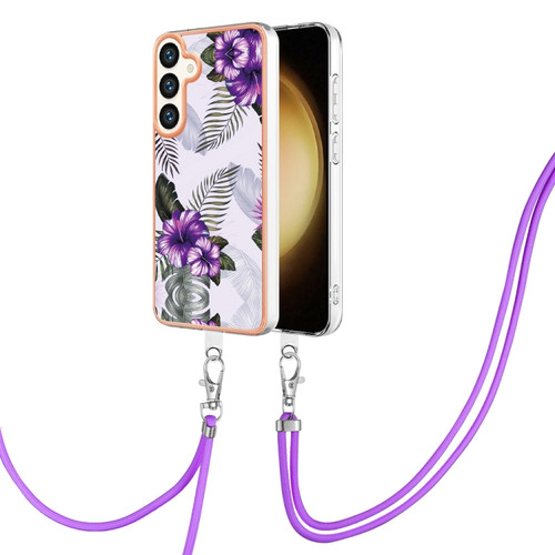 Electroplating Pattern IMD TPU Shockproof Case with Neck Lanyard for Samsung Galaxy S24+ 5G - Purple Flower