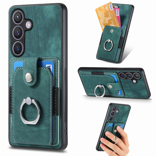 Retro Skin-feel Ring Card Wallet Phone Case for Samsung Galaxy S24+ 5G - Green