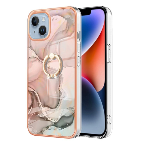 Electroplating Marble Dual-side IMD Phone Case with Ring for iPhone 15 - Rose Gold 015