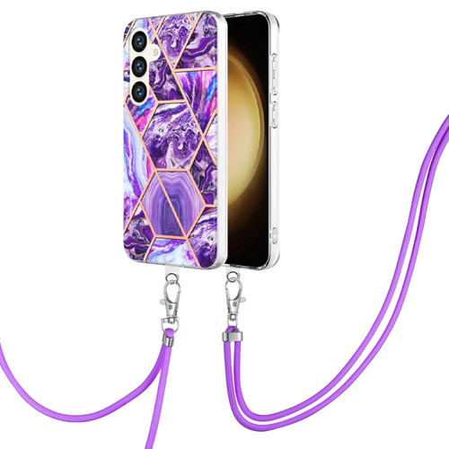 Electroplating IMD Splicing Dual-side Marble TPU Phone Case with Lanyard for Samsung Galaxy S24+ 5G - Dark Purple