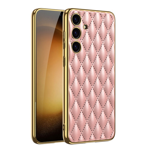 GKK Rhombus Pattern Electroplating Plain PU Phone Case for Samsung Galaxy S24+ 5G - Pink