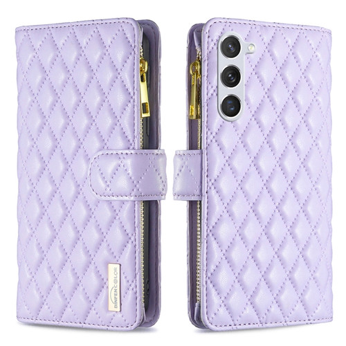 Diamond Lattice Zipper Wallet Leather Flip Phone Case for Samsung Galaxy S24+ 5G - Purple