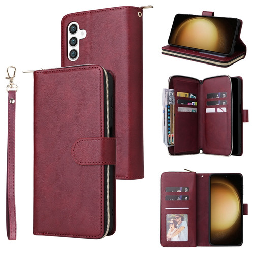 9-Card Slots Zipper Wallet Bag Leather Phone Case for Samsung Galaxy S24+ 5G - Wine Red