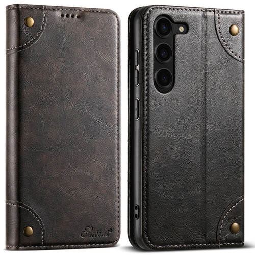 Suteni Baroque Calf Texture Buckle Wallet Leather Phone Case for Samsung Galaxy S24 5G - Black