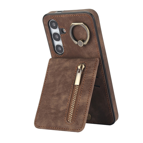 Retro Ring and Zipper RFID Card Slot Phone Case for Samsung Galaxy S24 5G - Brown