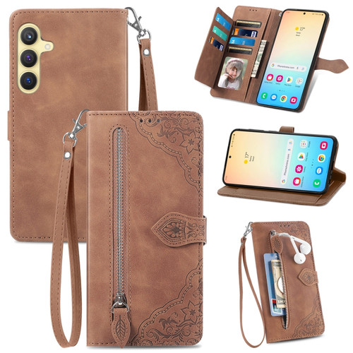 Embossed Flower Zipper Leather Phone Case for Samsung Galaxy S24 5G - Brown