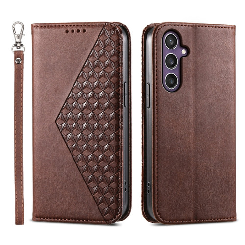 Cubic Grid Calf Texture Magnetic Leather Phone Case for Samsung Galaxy S24 5G - Brown