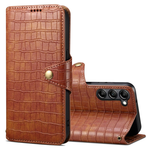 Denior Crocodile Texture Oil Edge Leather Phone Case for Samsung Galaxy S24 5G - Brown