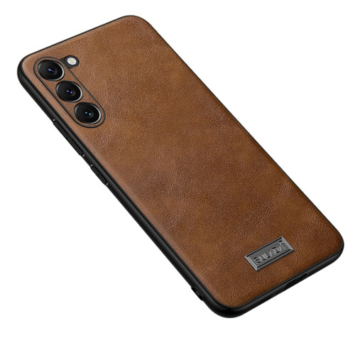 SULADA Shockproof TPU + Handmade Leather Phone Case for Samsung Galaxy S24 5G - Brown