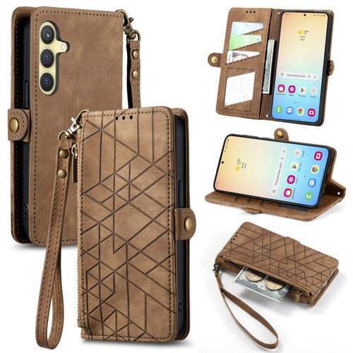 Geometric Zipper Wallet Side Buckle Leather Phone Case for Samsung Galaxy S24 5G - Brown