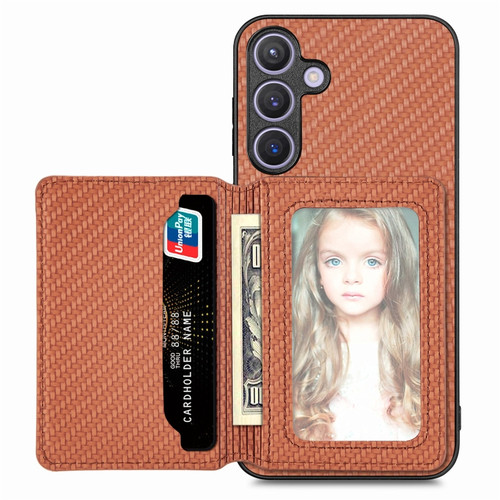 Carbon Fiber Magnetic Card Wallet RFID Blocking Phone Case for Samsung Galaxy S24 5G - Brown