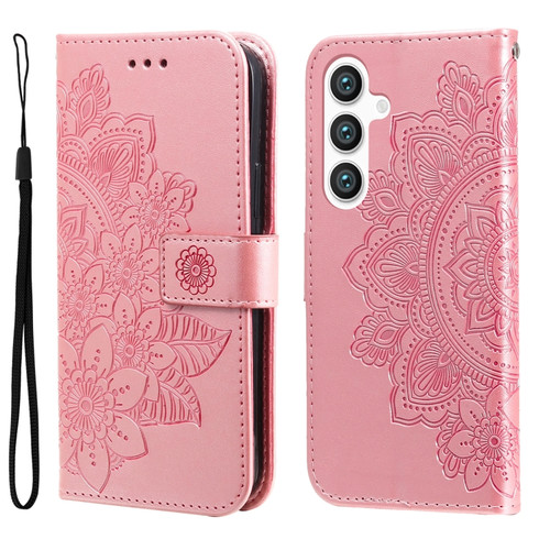 7-petal Flowers Embossing Leather Phone Case for Samsung Galaxy S24 5G - Rose Gold