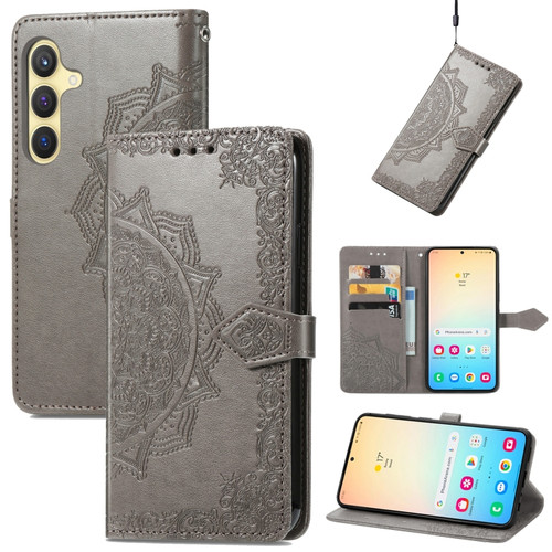 Mandala Flower Embossed Leather Phone Case for Samsung Galaxy S24 5G - Gray
