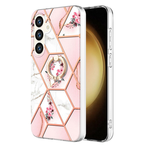 Electroplating Splicing Marble Flower Pattern TPU Shockproof Case with Rhinestone Ring Holder for Samsung Galaxy S24 5G - Pink Flower