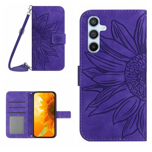 Skin Feel Sun Flower Embossed Flip Leather Phone Case with Lanyard for Samsung Galaxy S24 5G - Dark Purple