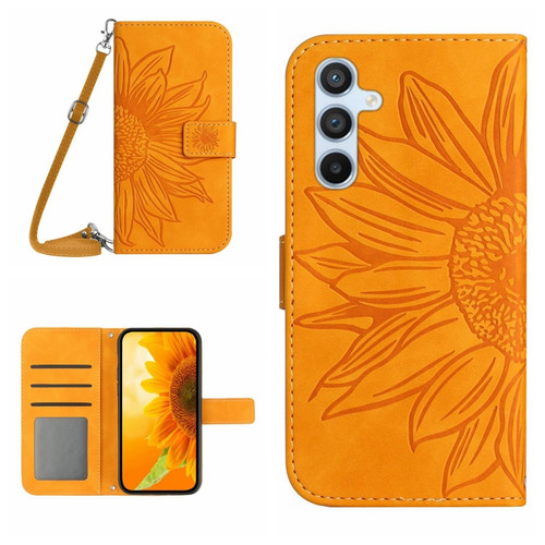 Skin Feel Sun Flower Embossed Flip Leather Phone Case with Lanyard for Samsung Galaxy S24 5G - Yellow