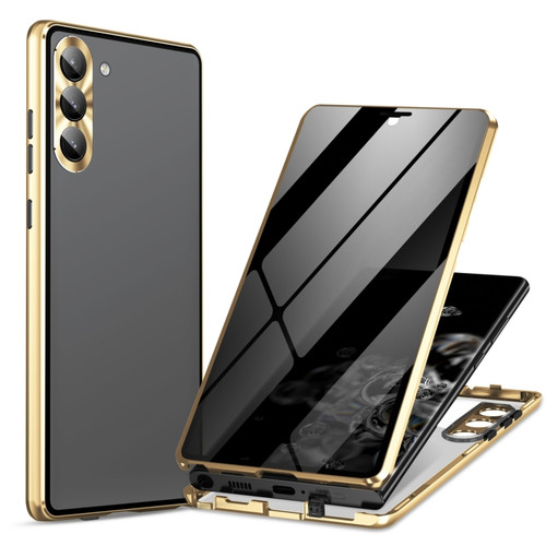 Privacy Full Cover Magnetic Metal Tempered Glass Phone Case for Samsung Galaxy S24 5G - Gold