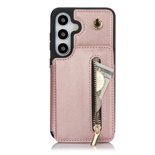 YM006 Skin Feel Zipper Card Bag Phone Case with Dual Lanyard for Samsung Galaxy S24 5G - Rose Gold