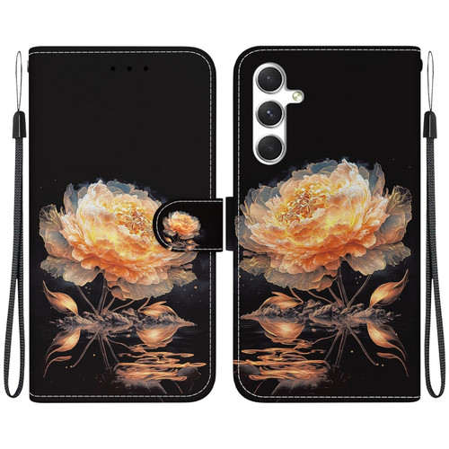 Crystal Texture Colored Drawing Leather Phone Case for Samsung Galaxy S24 5G - Gold Peony