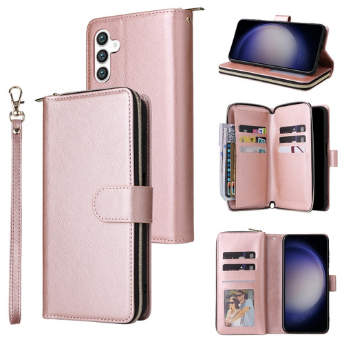 9-Card Slots Zipper Wallet Bag Leather Phone Case for Samsung Galaxy S24 5G - Rose Gold
