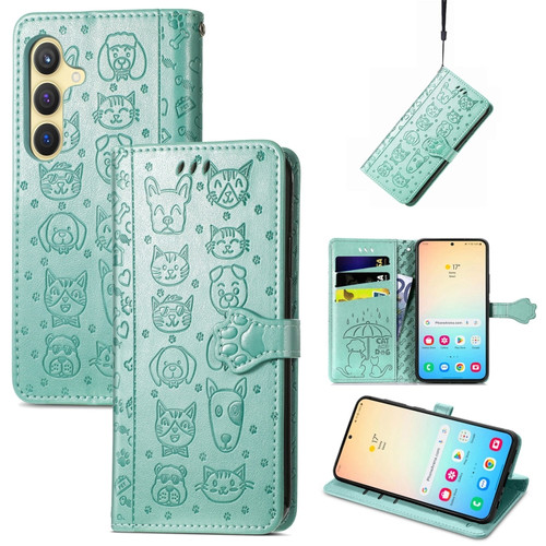 Cat and Dog Embossed Leather Phone Case for Samsung Galaxy S24 5G - Green