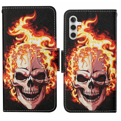 Colored Drawing Pattern Leather Phone Case for Samsung Galaxy S24 5G - Flame Skull